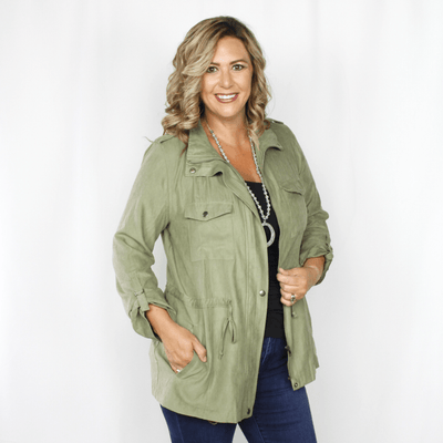 Light sage green military jacket, button pocket and adjustable sleeves
