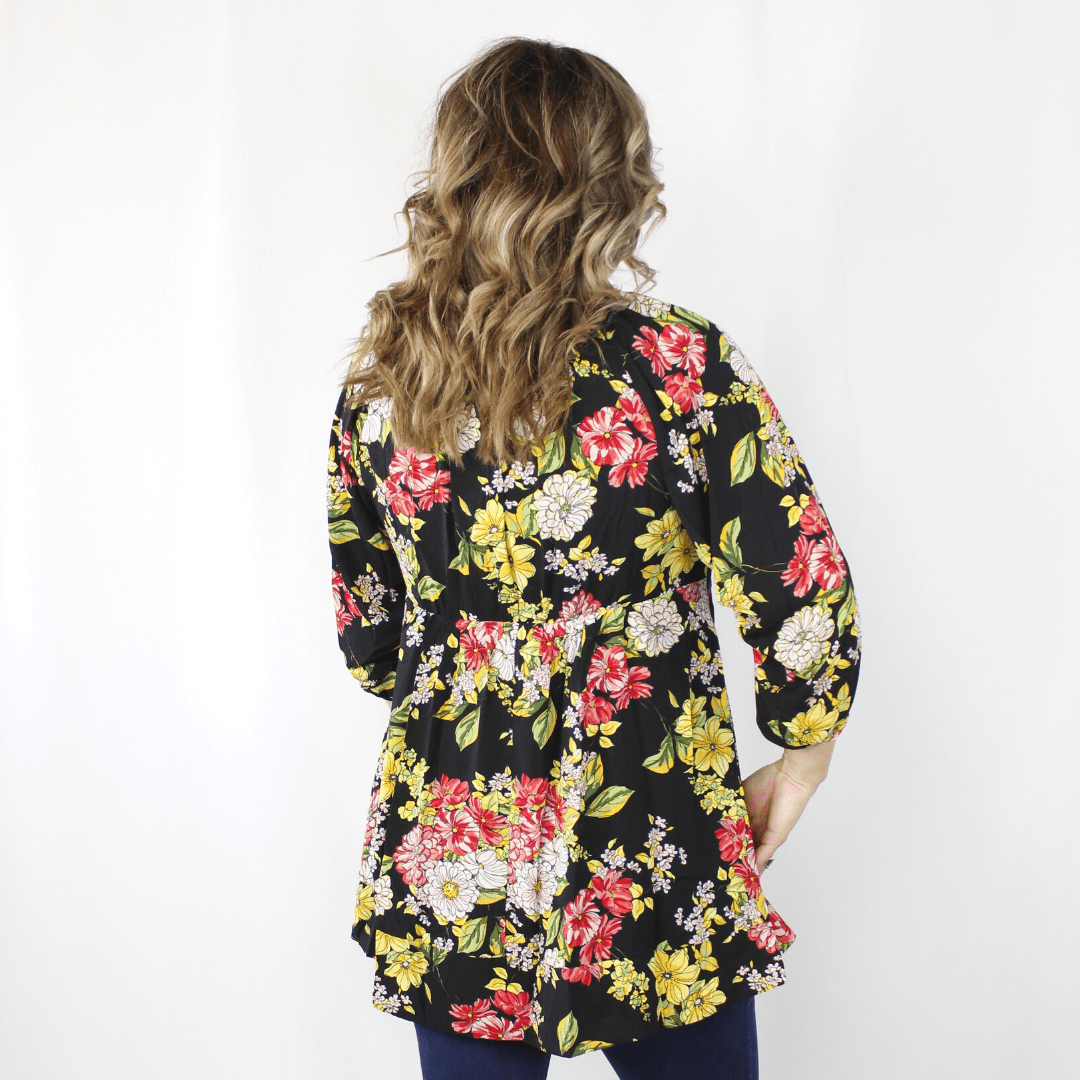 Black, yellow, and red floral puff sleeve dress