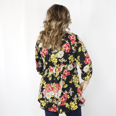 Black, yellow, and red floral puff sleeve dress