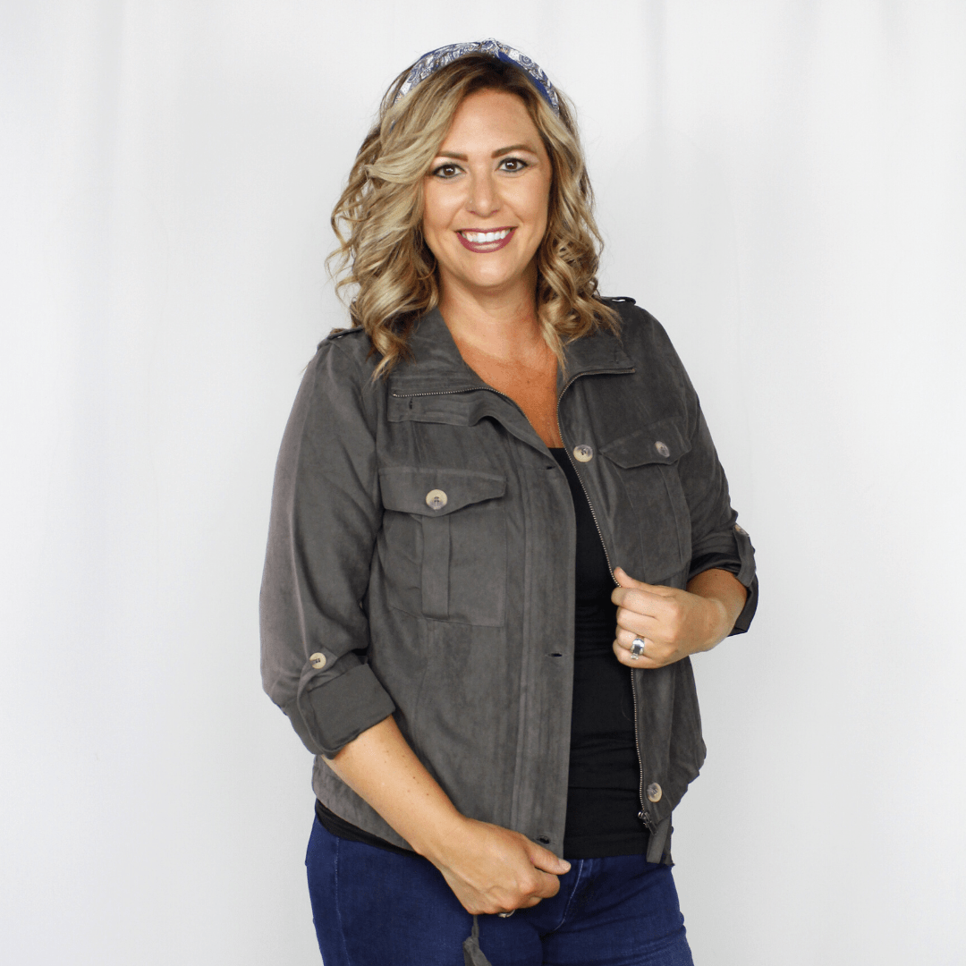 Gray military jacket, button detail and pockets