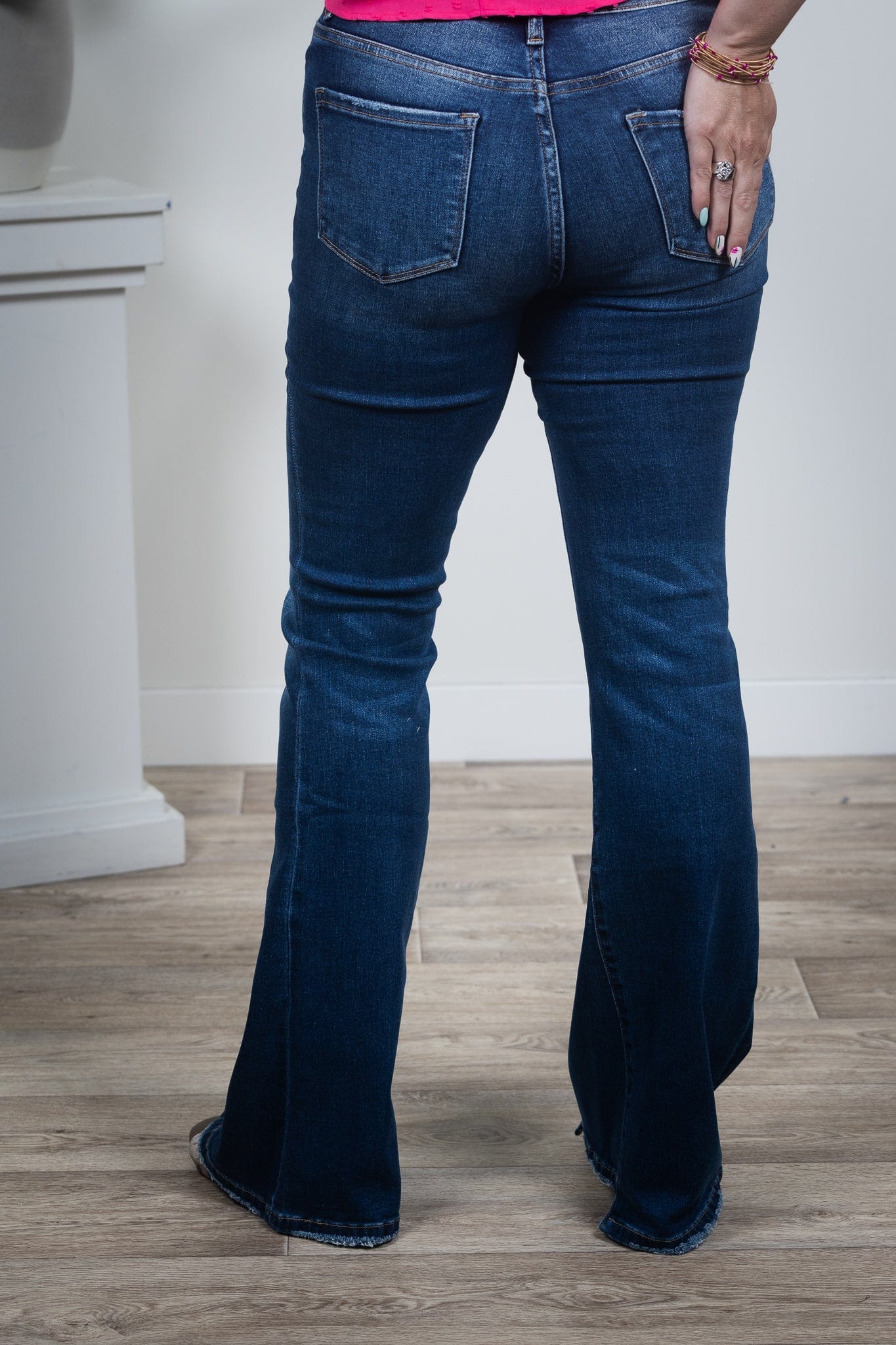 Dark High Rise Panel Flare Denim