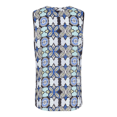 Blue and black patterned tank top, black tassel accent