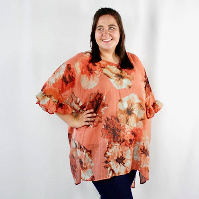 Sheer Floral Ruffle Sleeve Top