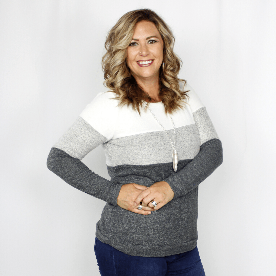 Gray and white striped color block shirt, long sleeve