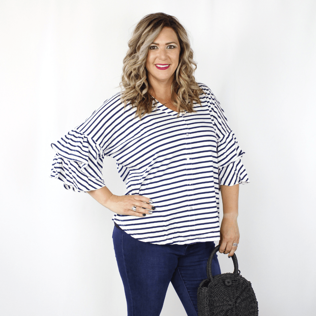 Navy Stripe Layered Bell Sleeve Top
