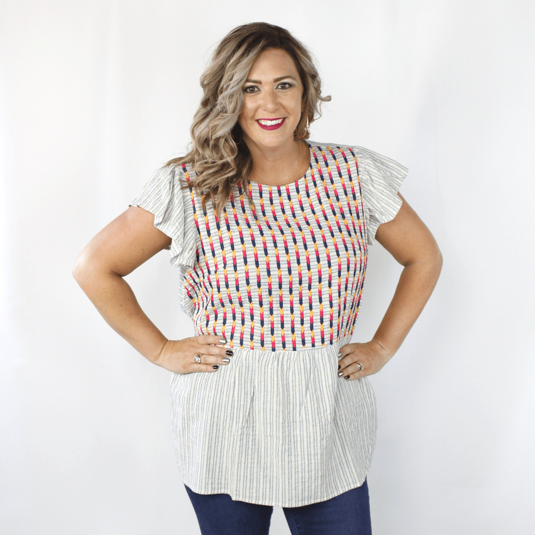 Ruffle sleeve embroidered short sleeve blouse