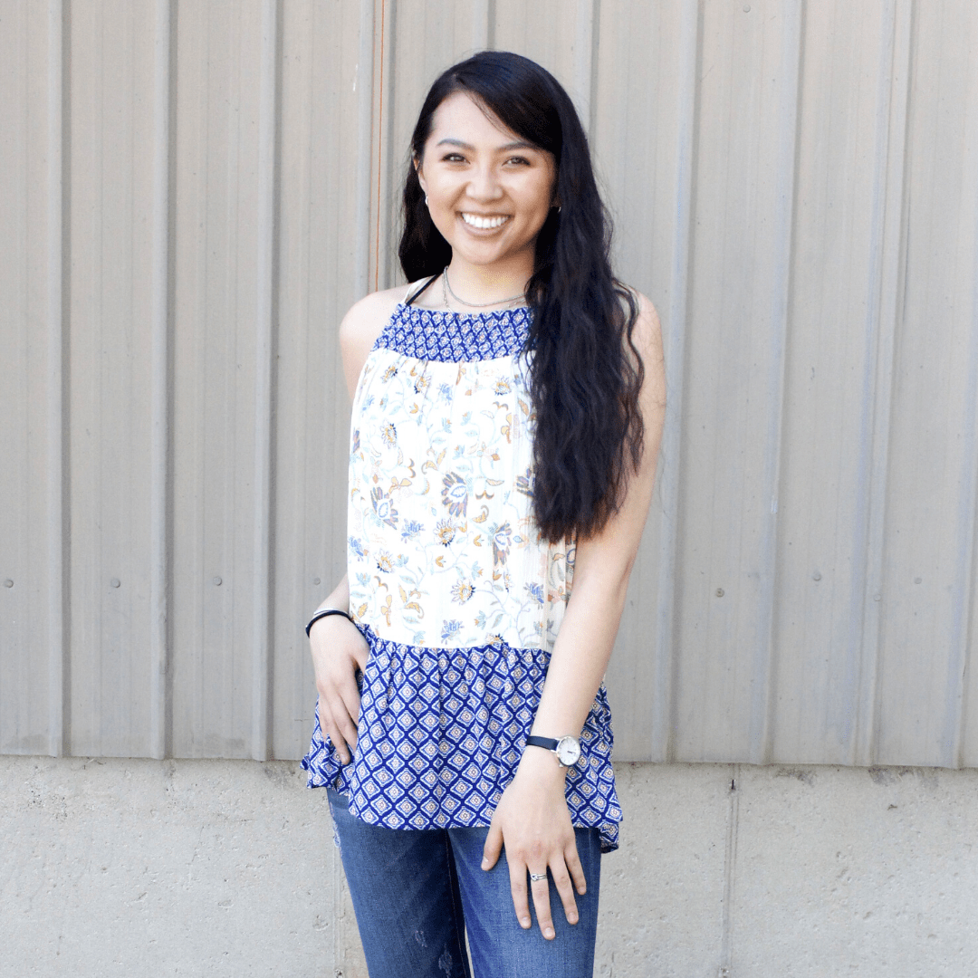Navy Mixed Print Smocked Neck Tank