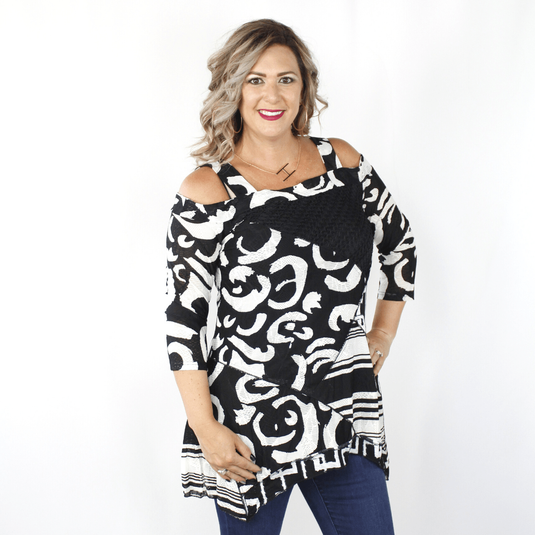 Black and white long sleeve cold shoulder shirt