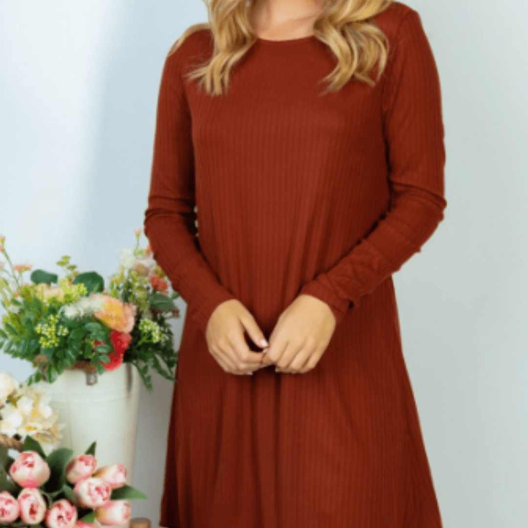 Brick Ribbed Long Sleeve Dress