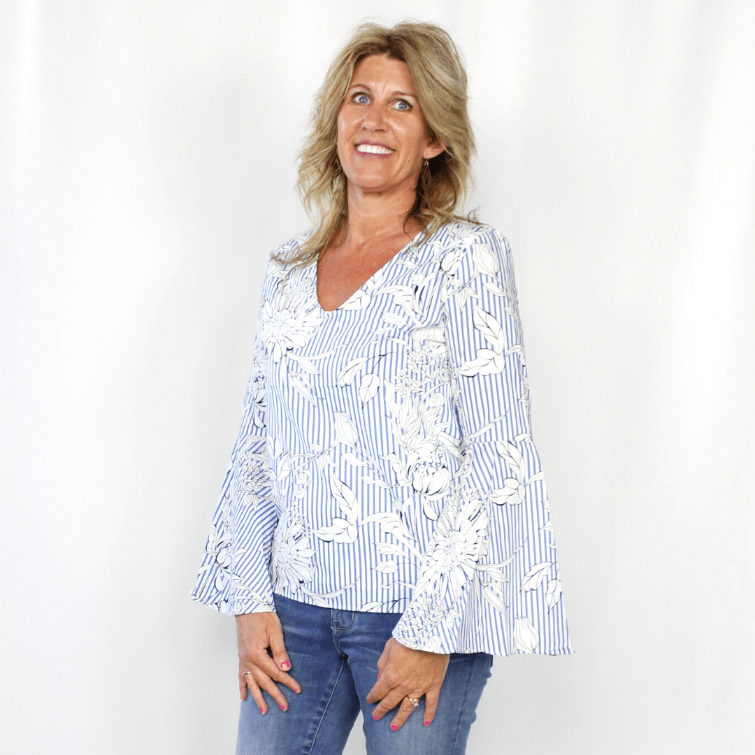 Floral Stripe Bell Sleeve Top