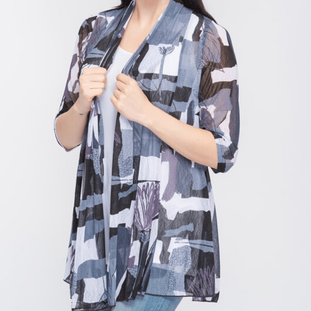 Black White Floral Abstract Mesh Cardigan