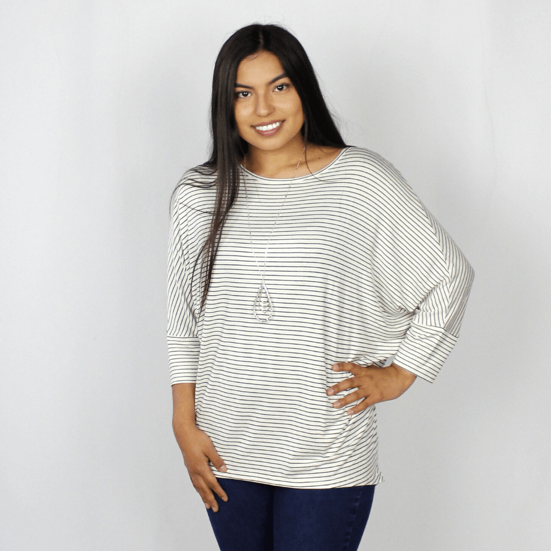 Black and white 3/4 sleeve striped shirt