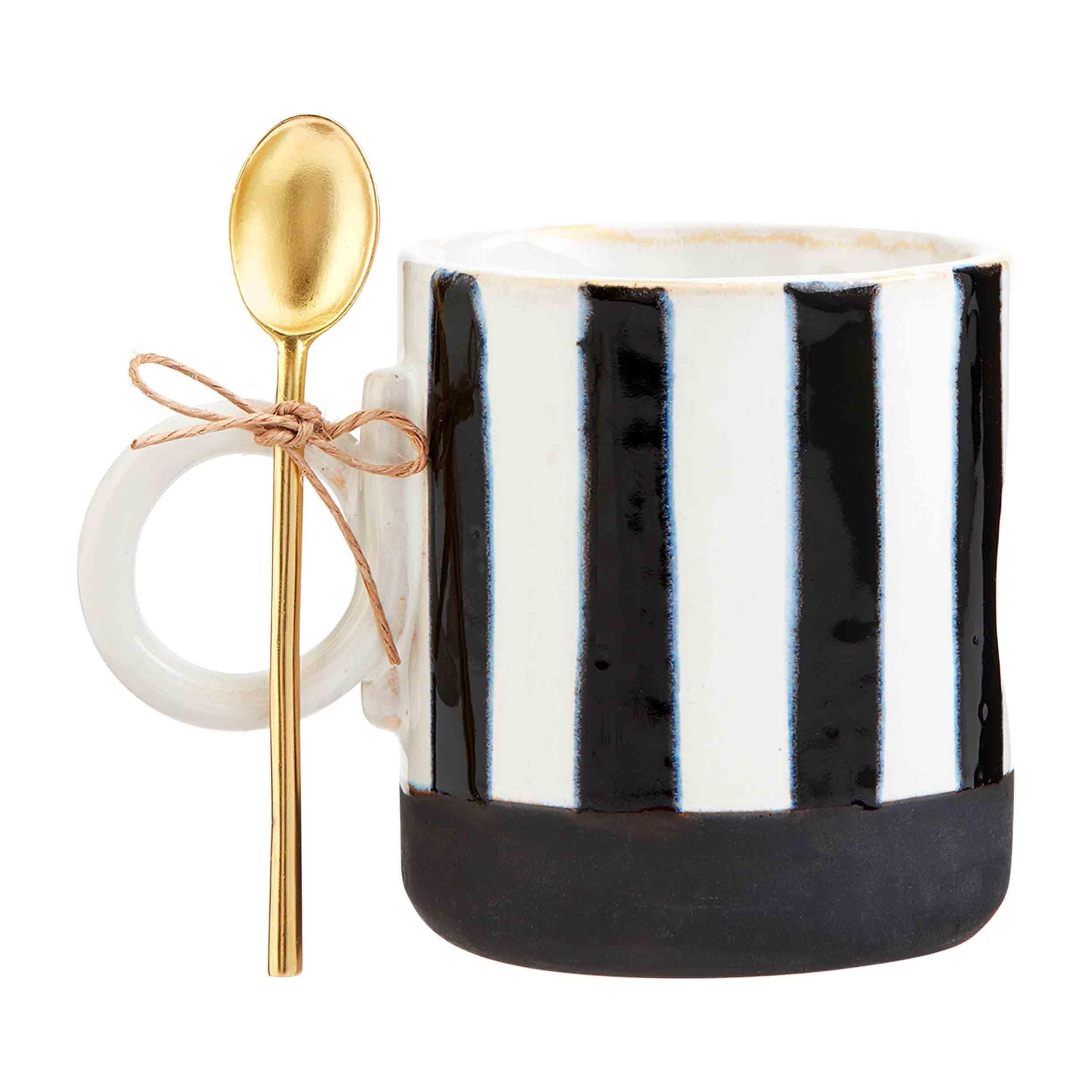 Stripe Black Stoneware Mug w/Spoon