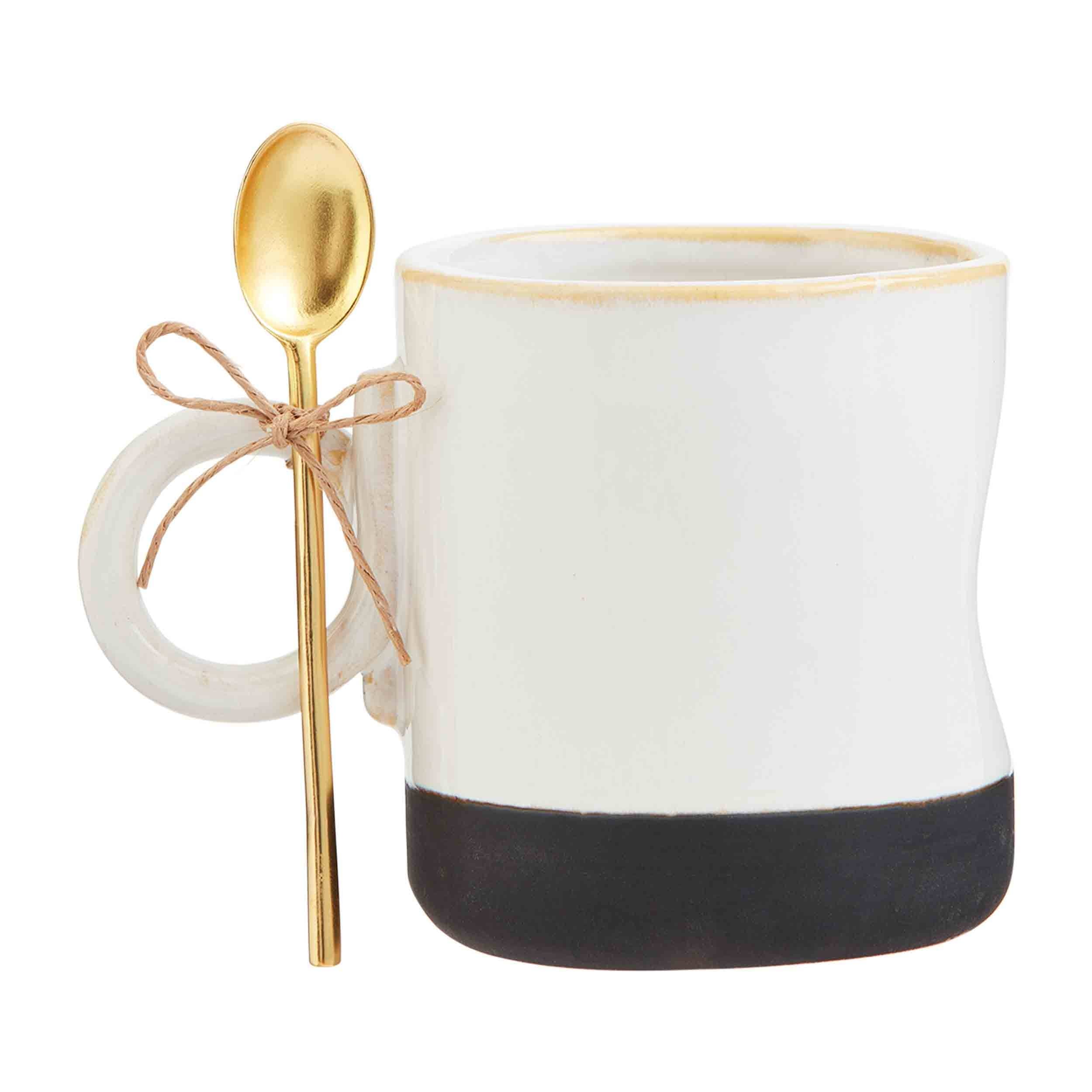 White Black Stoneware Mug w/Spoon