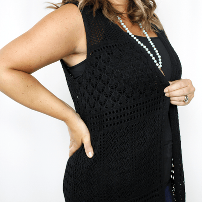 Black knit vest, sheer, knee-length