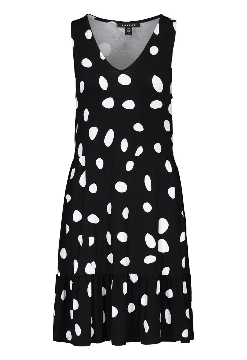 Jet Black Printed Vneck Sleeveless Dress