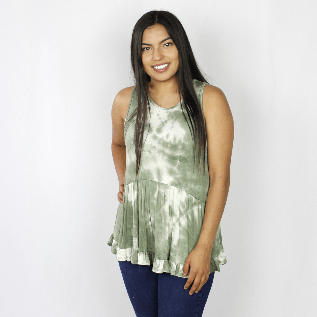 Green tie-dye peplum ruffle tank top