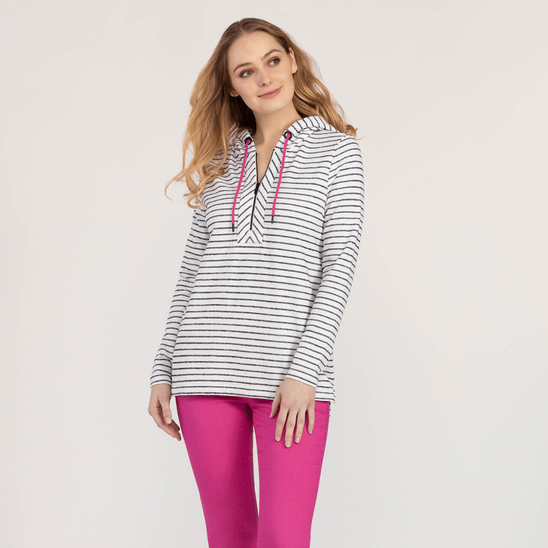 Black and white striped quarter zip hoodie