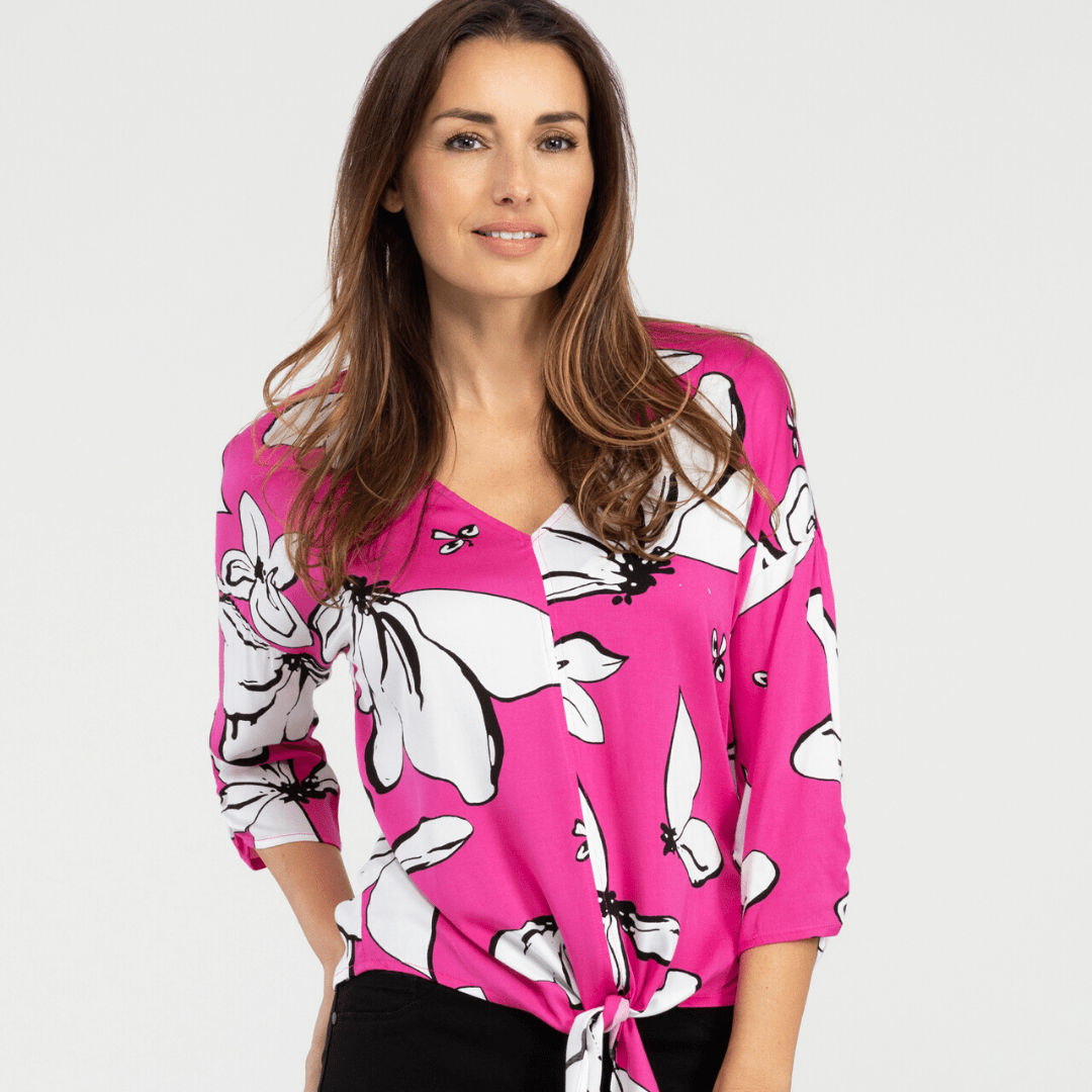 Hot pink floral 3/4 length sleeve blouse with tie accent