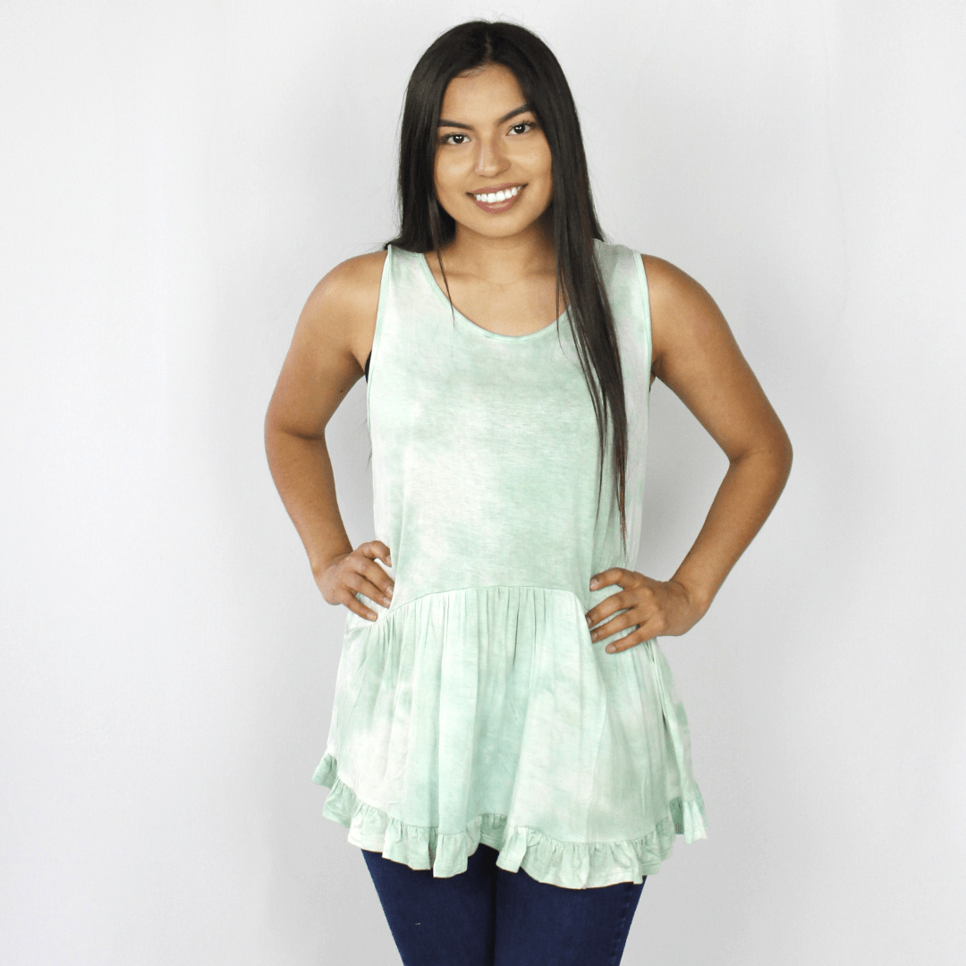 Light green tie-dye peplum ruffle tank top