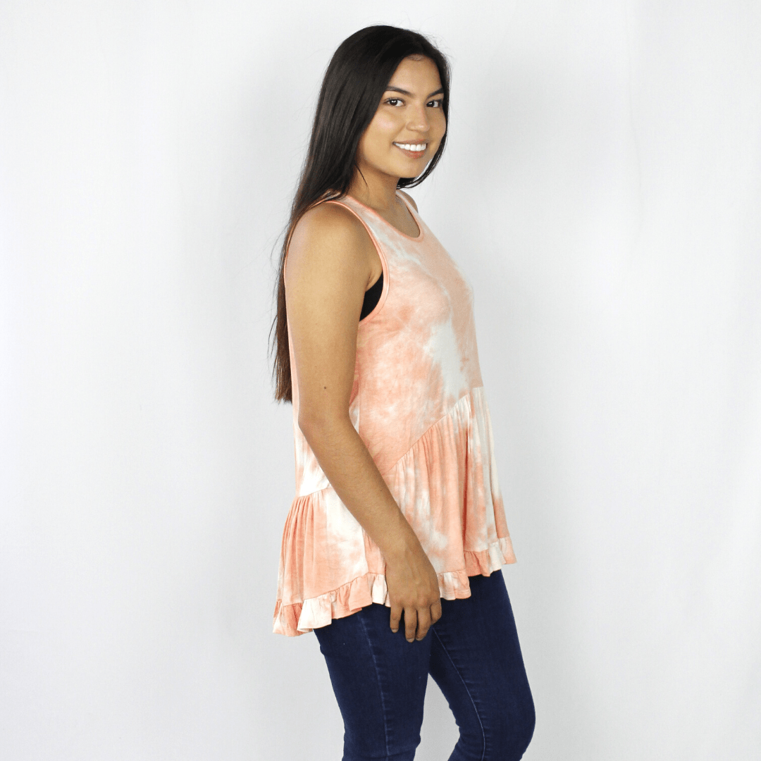 Orange tie-dye peplum ruffle tank top