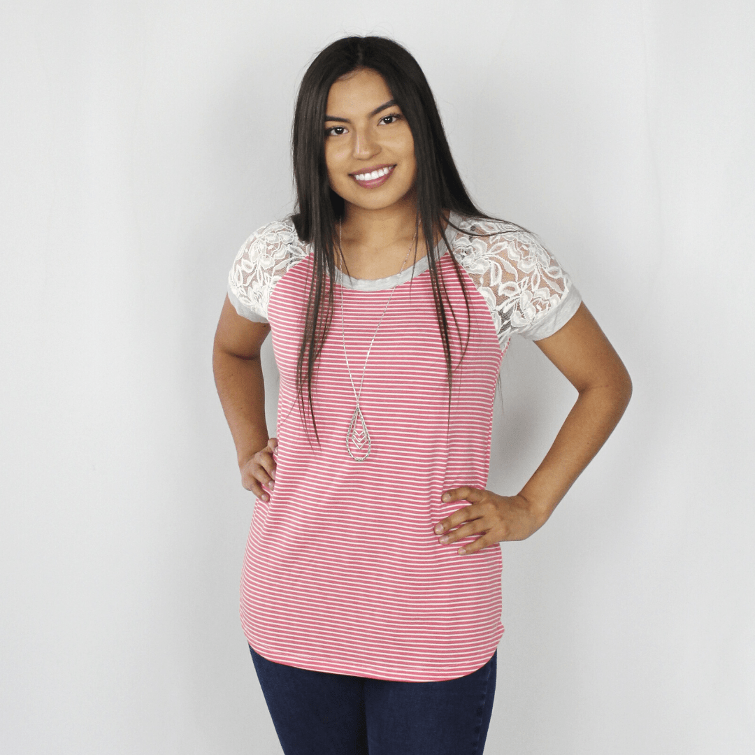 Coral Stripe Lace Top