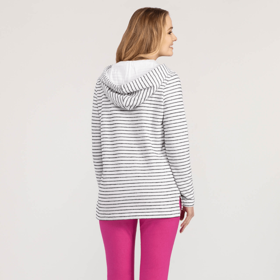 Black and white striped quarter zip hoodie