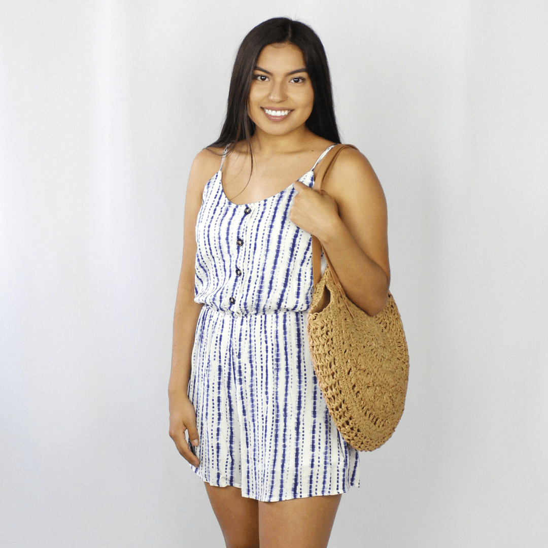 Blue and white tie-dye romper with buttons