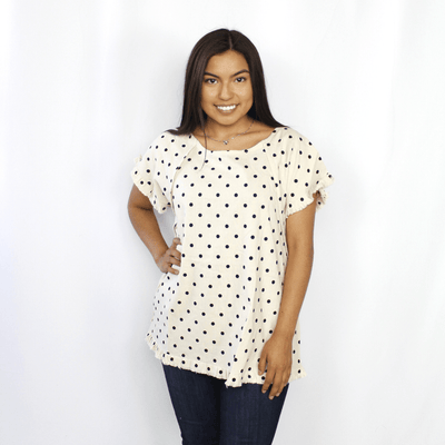 Tan and black short sleeve top, ruffle hem