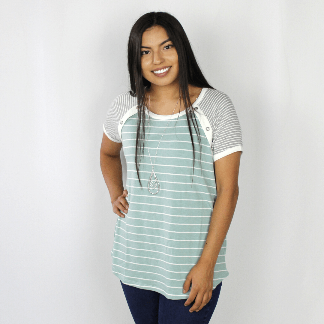Aqua Stripe Button Top