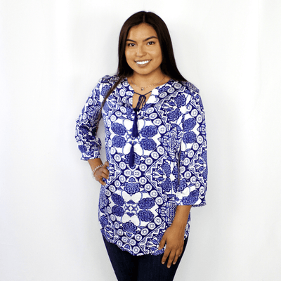 Blue and white pattered blouse, 3/4 length sleeve, tassel accent