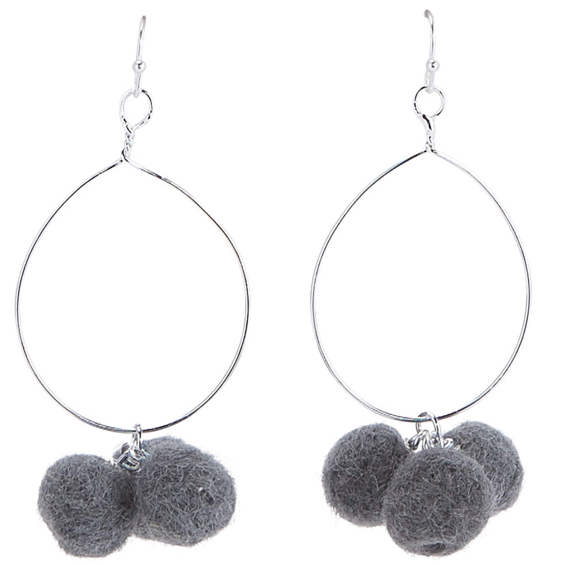 Gray Pom Pom Hoop Earring