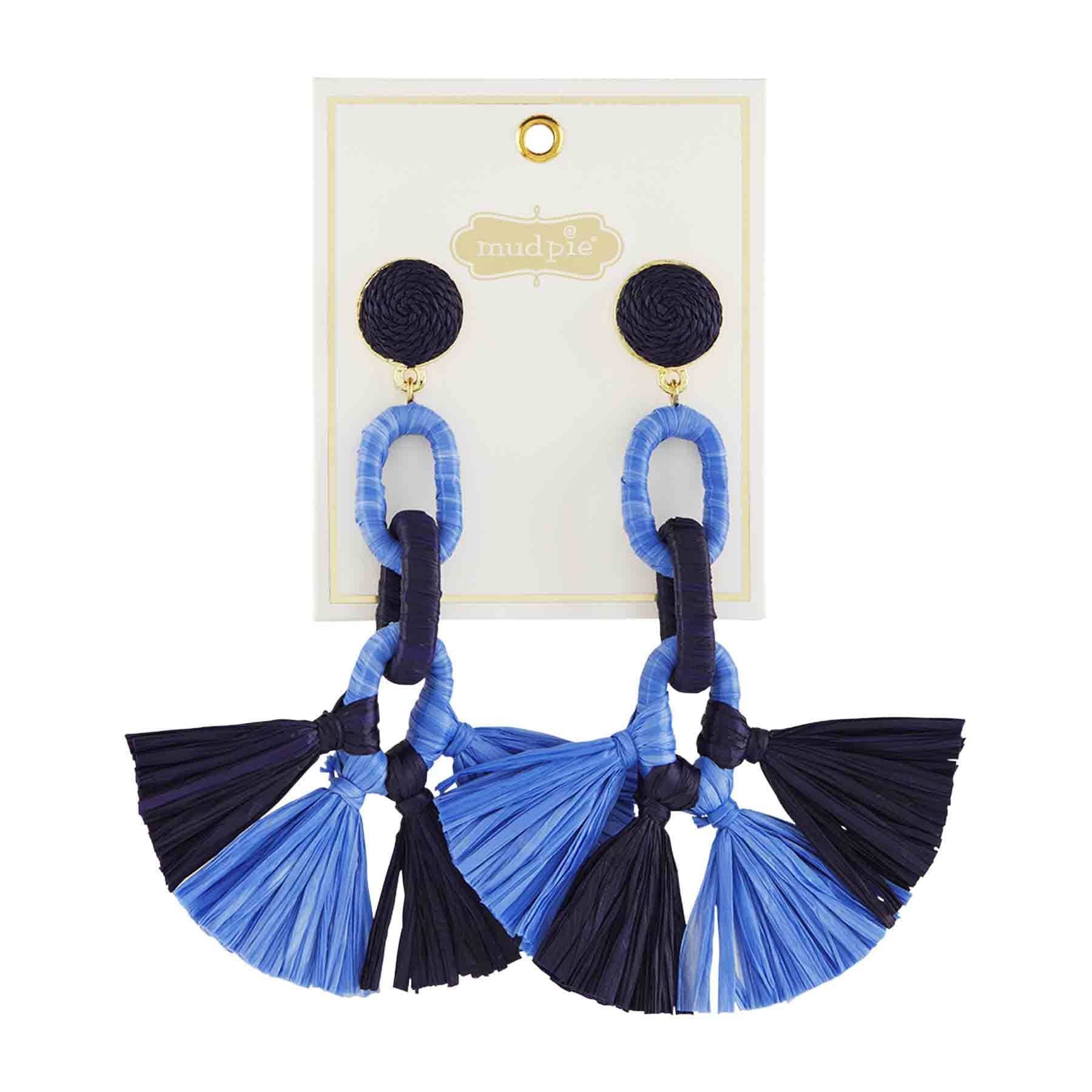 Blue Raffia Tassel Earring