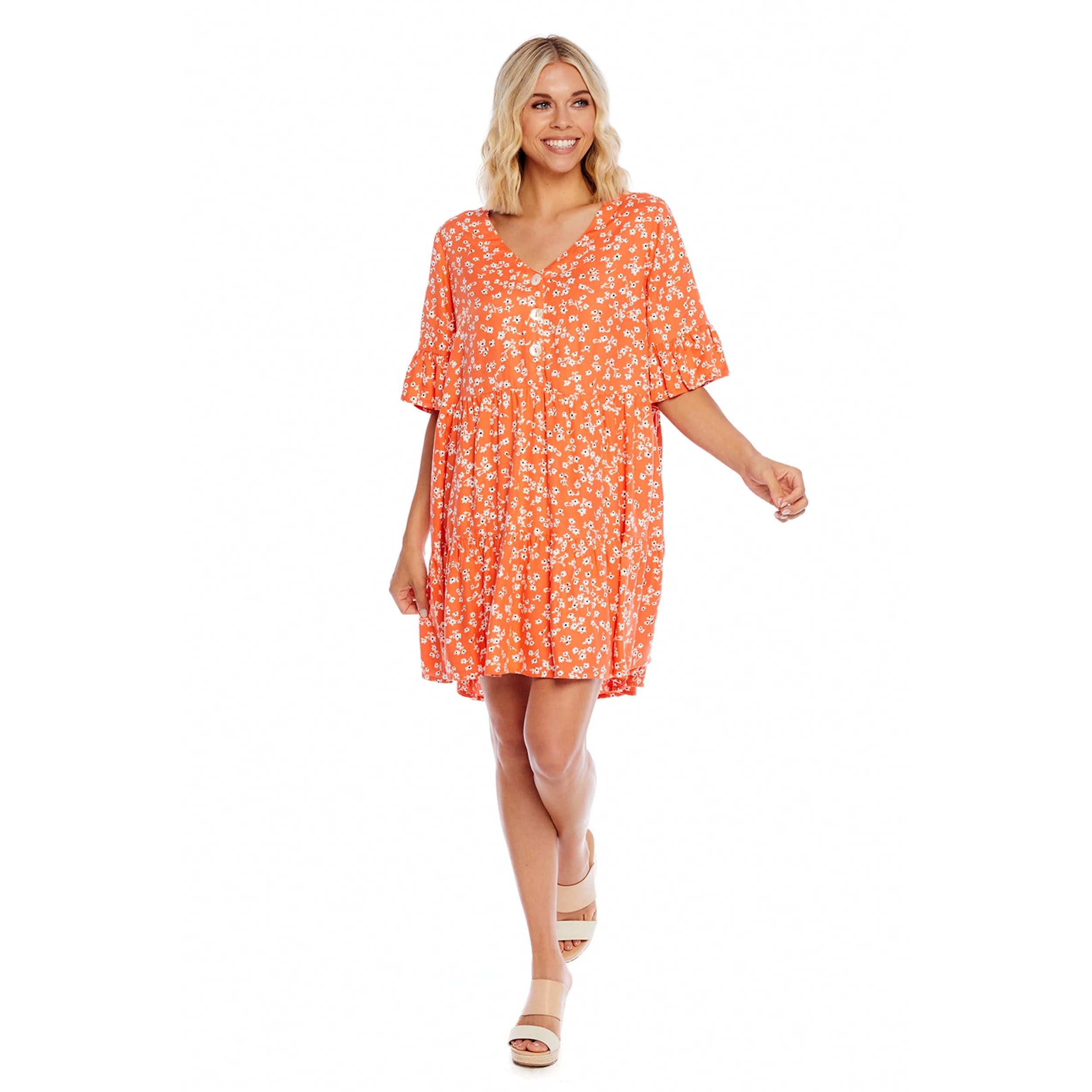 Coral Floral Aster Flounce Dress