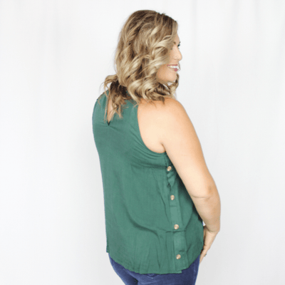 Green halter neckline tank top with button accents down the side  Edit alt text
