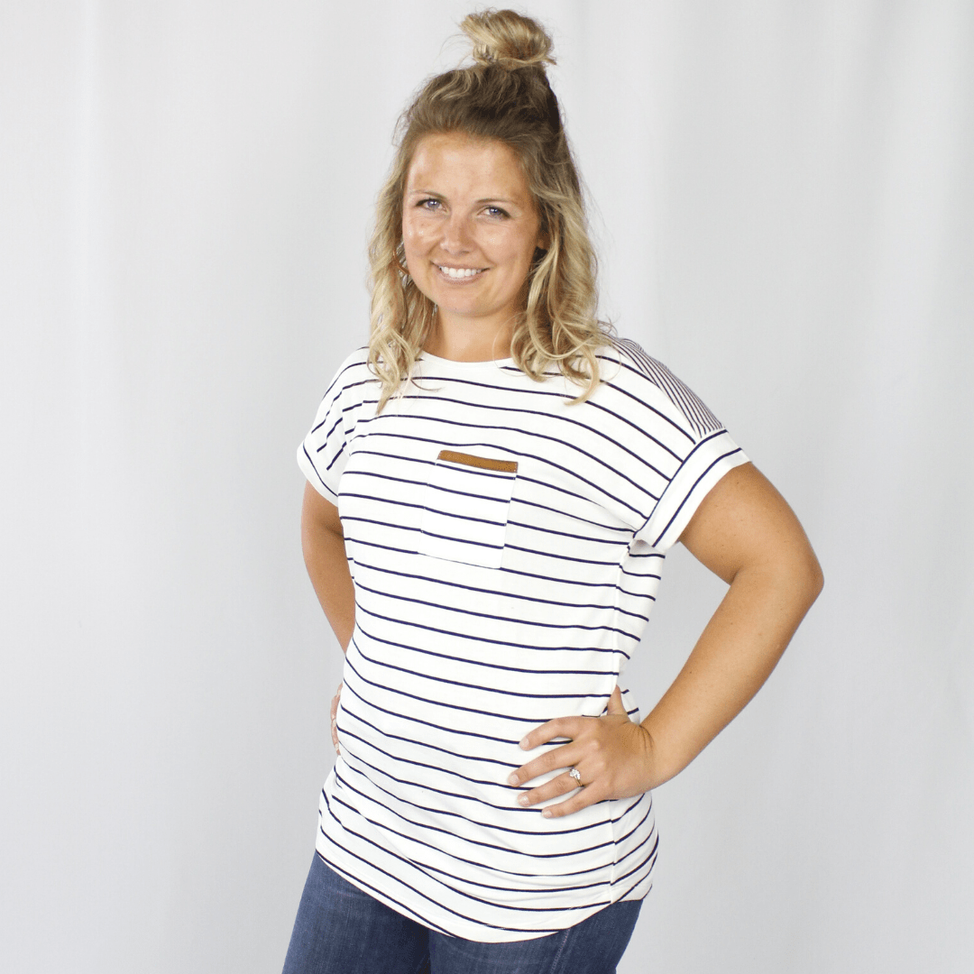 Black and white stripe short sleeve top with pocket