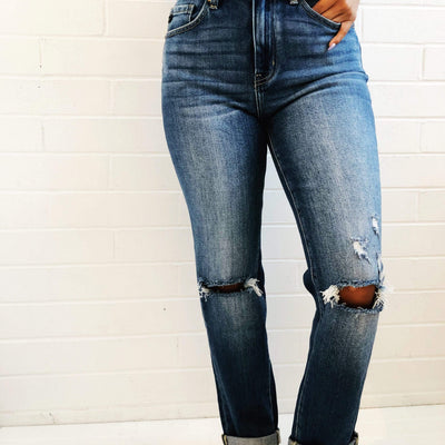 High Rise Cuffed Slim Straight Denim