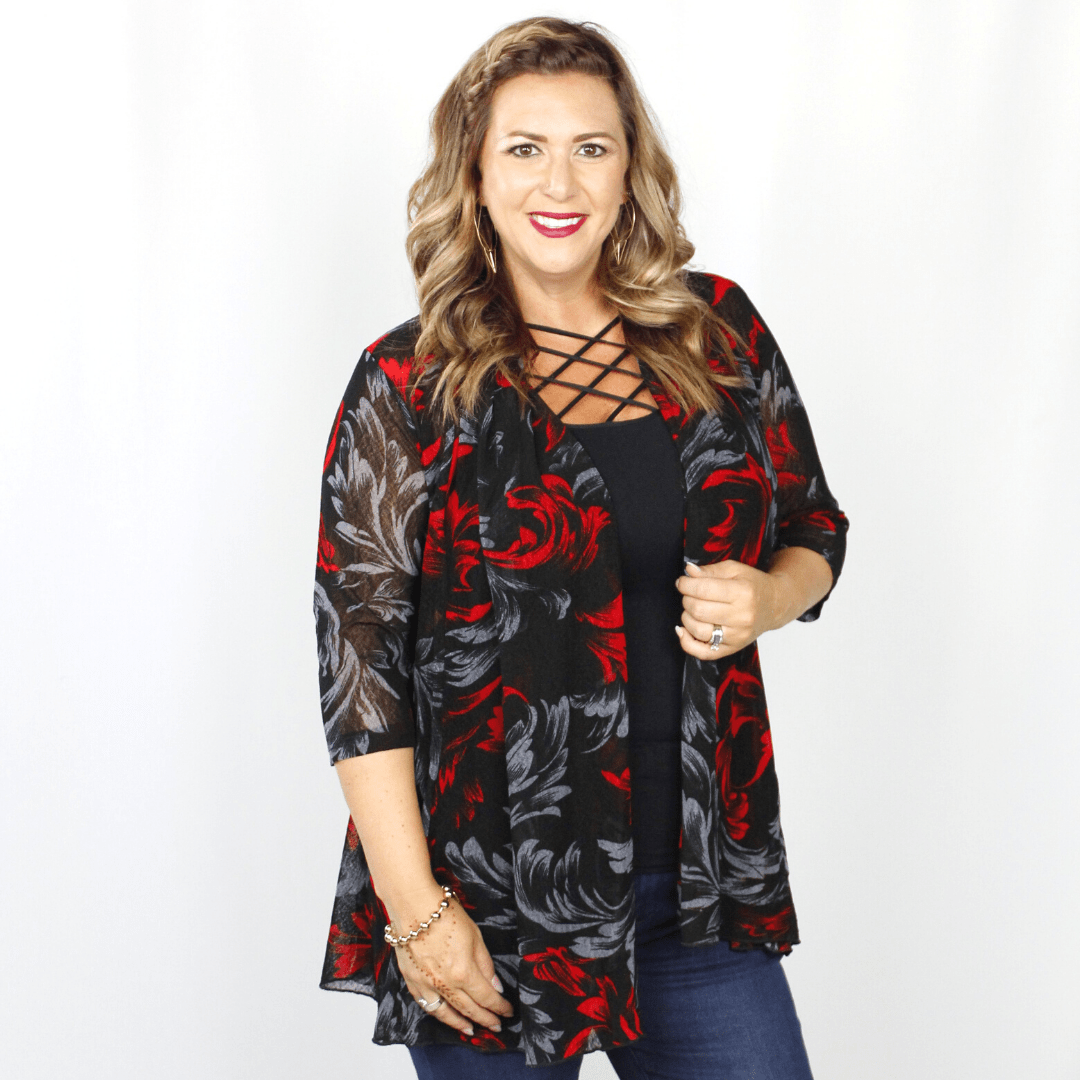Black Red Floral Mesh Cardigan