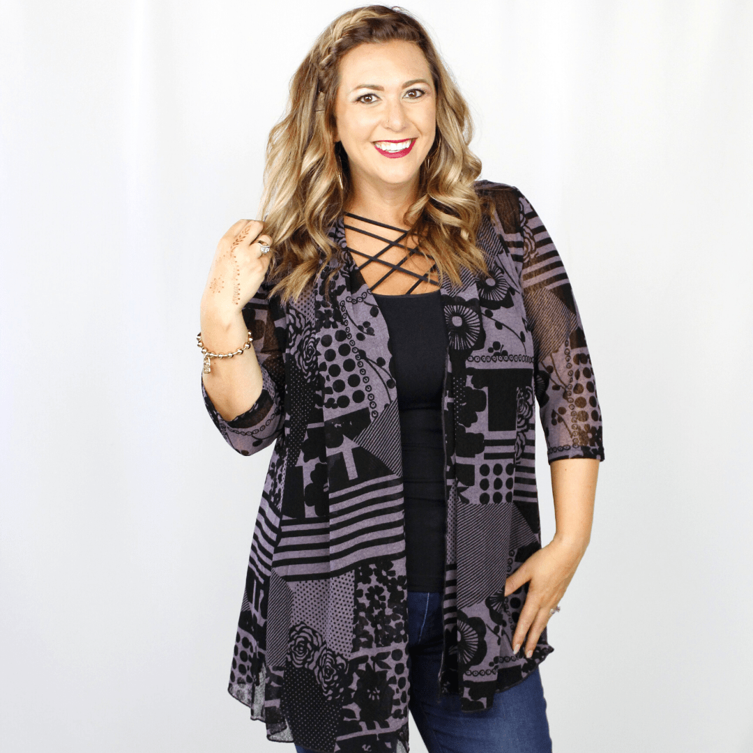 Black Purple Abstract Mesh Cardigan