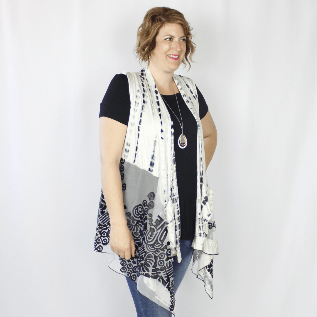 White and gray cardigan vest, swirl pattern