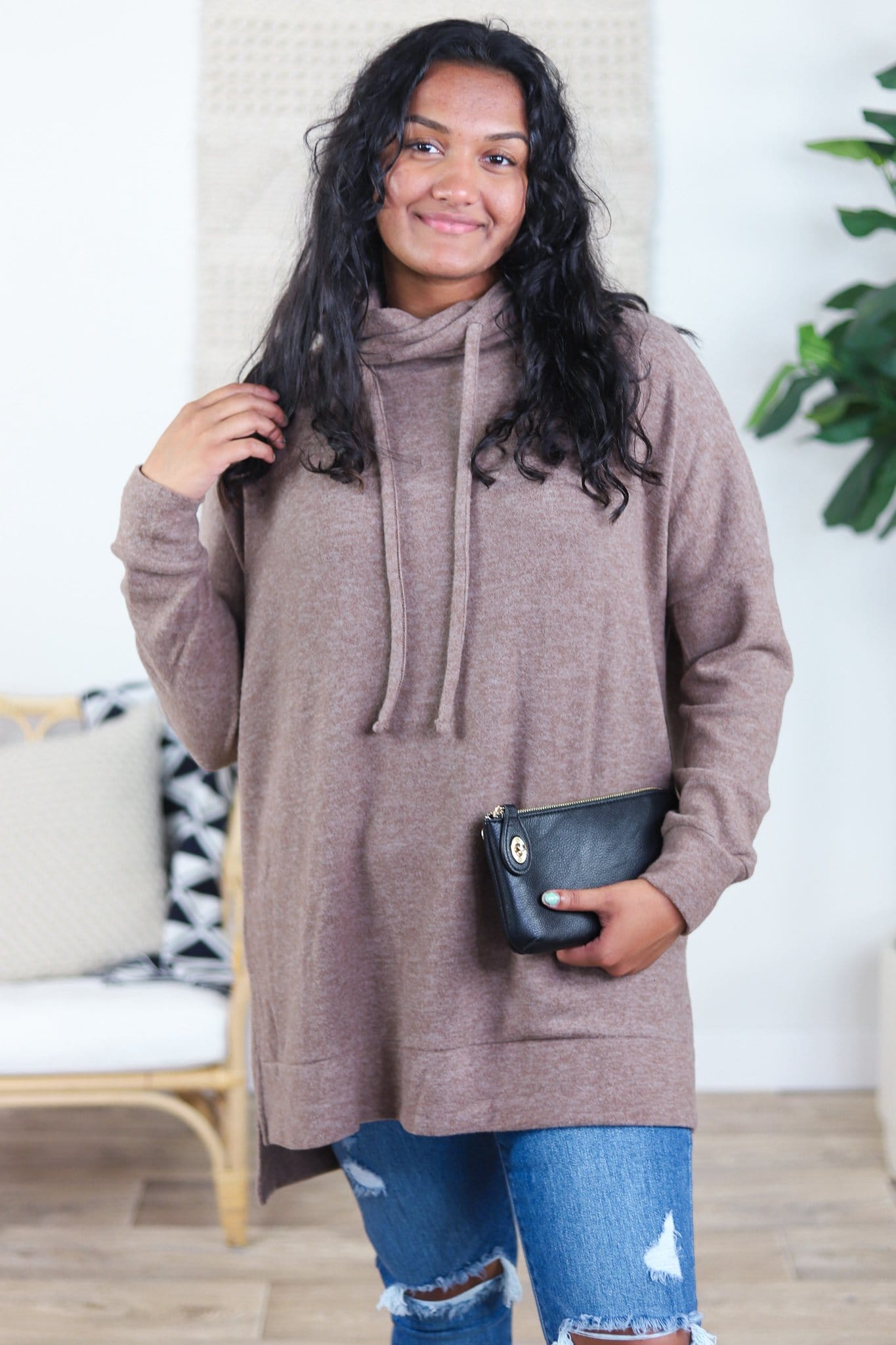 Brushed Cowl Neck Tunic Sweater