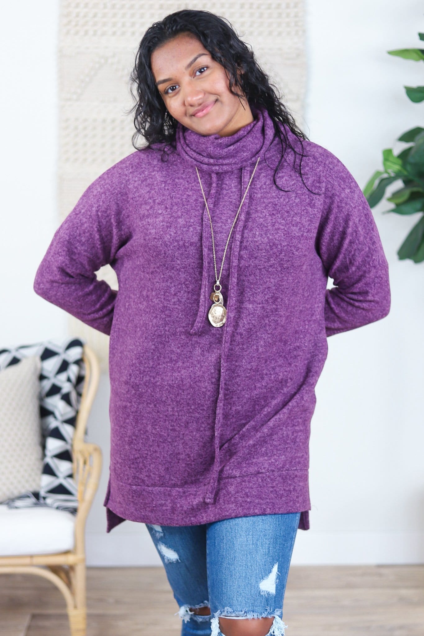 Brushed Cowl Neck Tunic Sweater