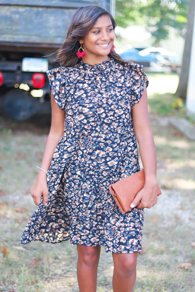 Black Printed Neck Tie Ruffle Dress