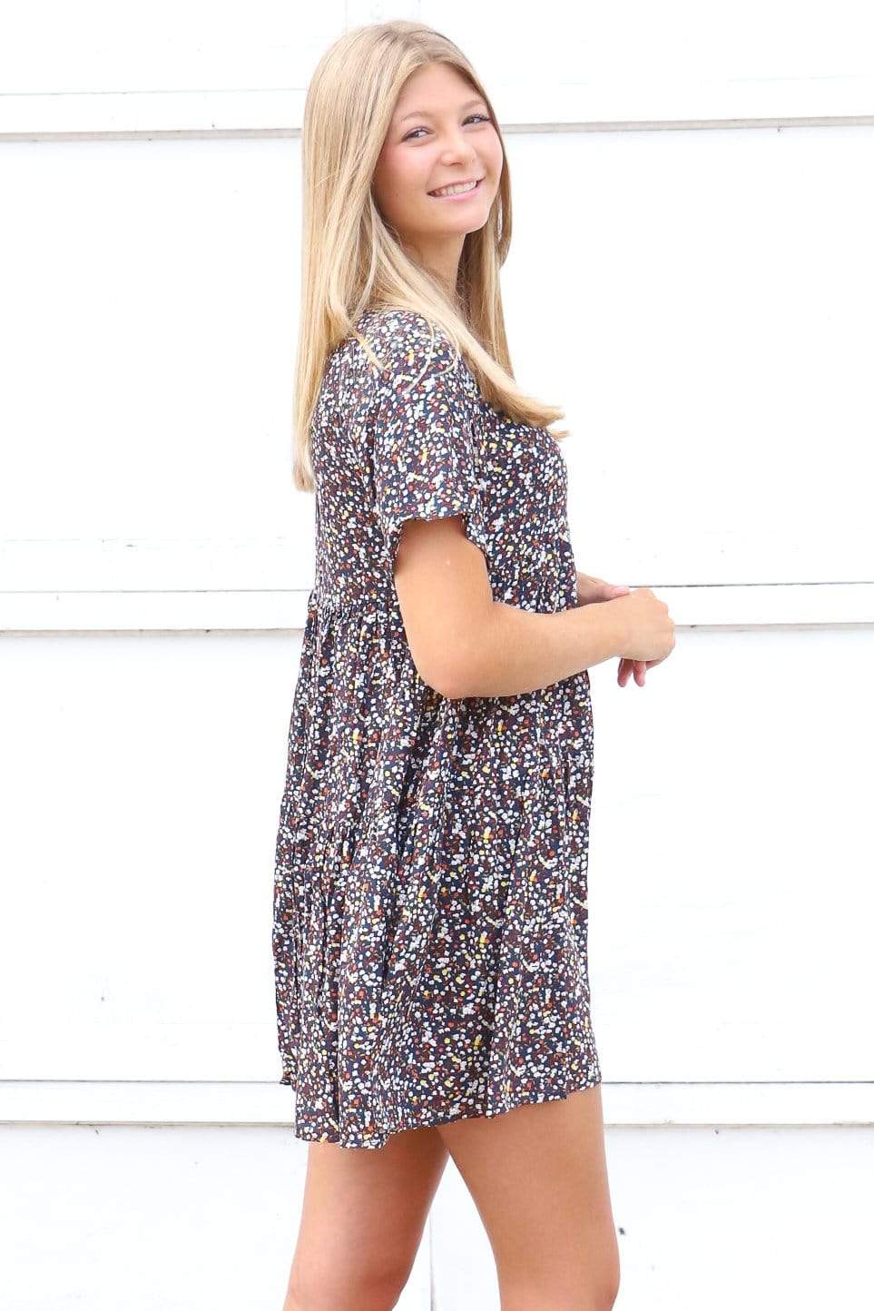 Dark Navy Floral Printed Tiered Dress