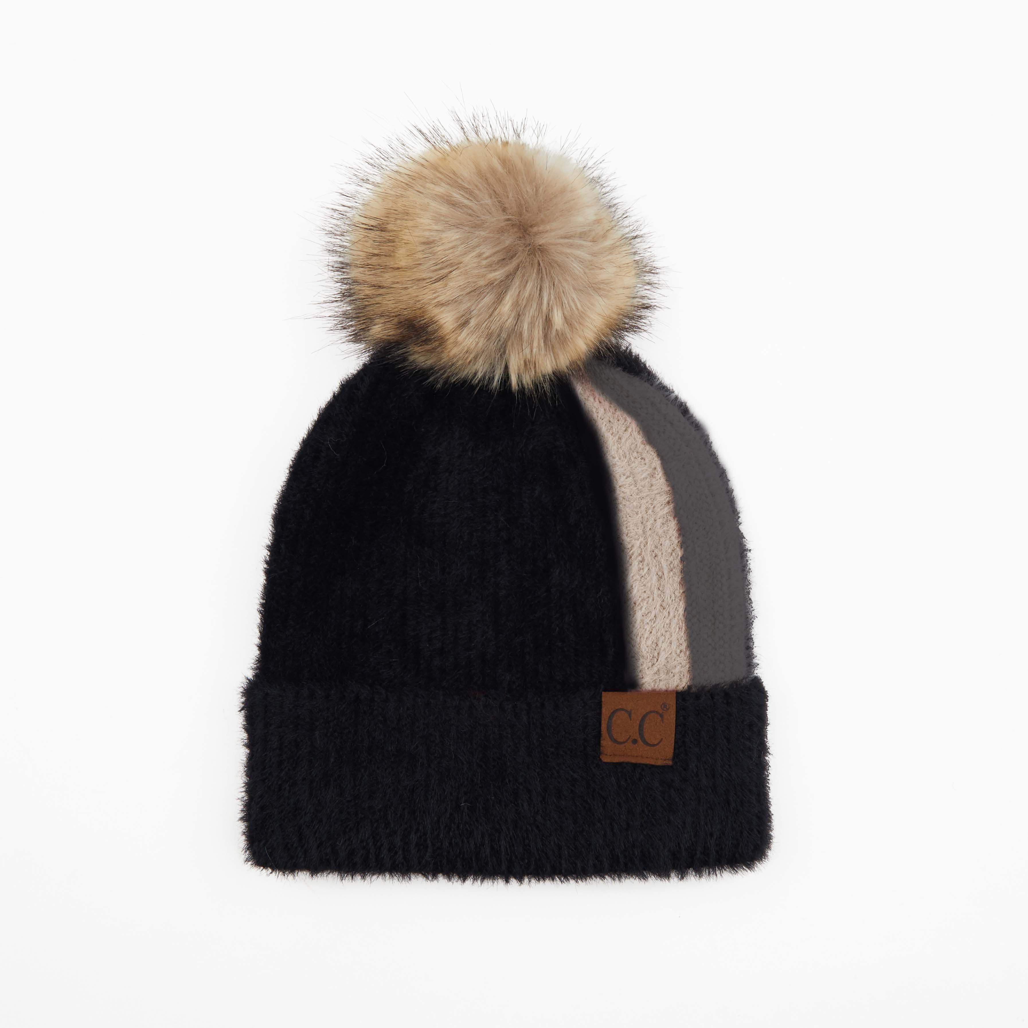 Stripe Fur Pom Beanie