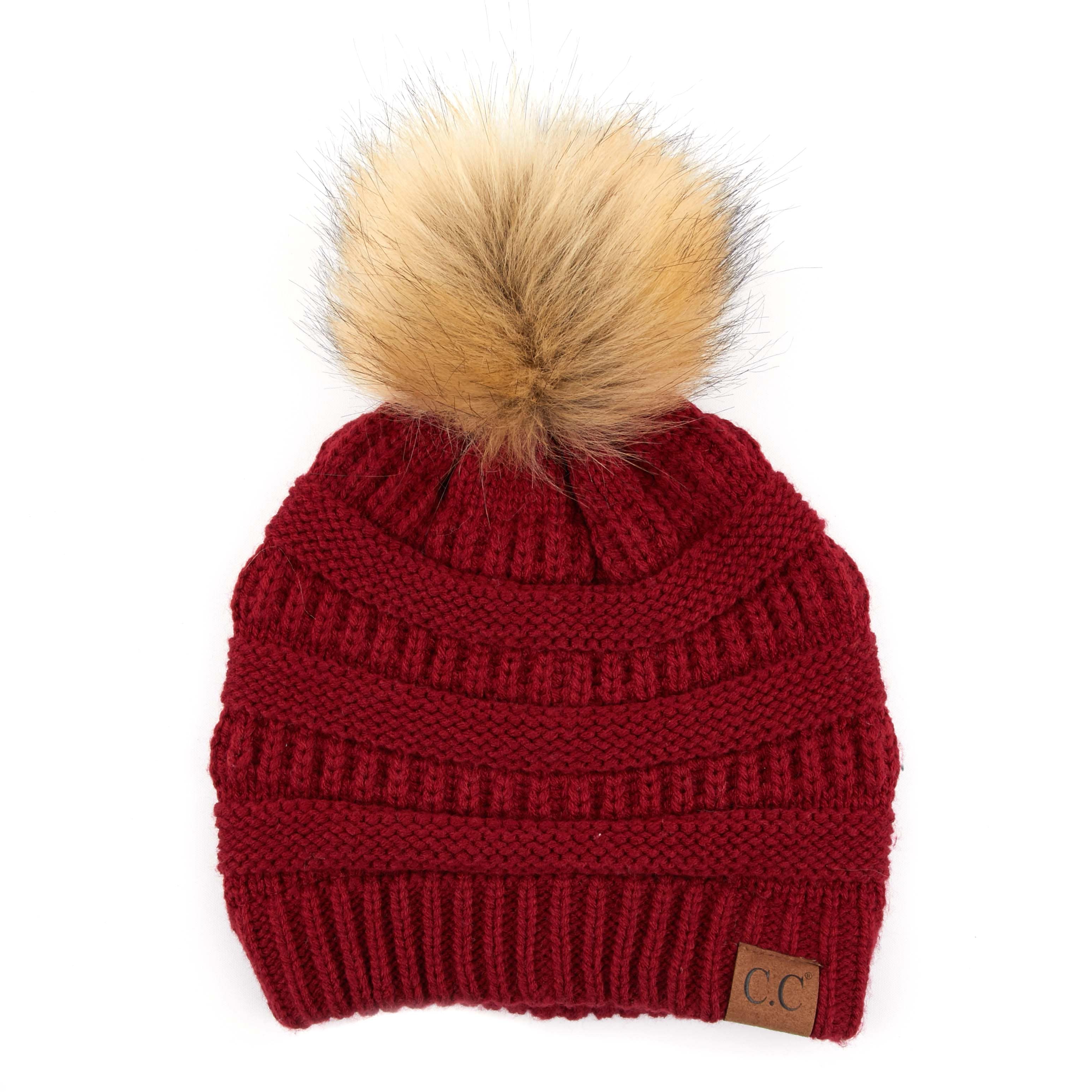 Fall Solid Ribbed Fur Pom Beanie