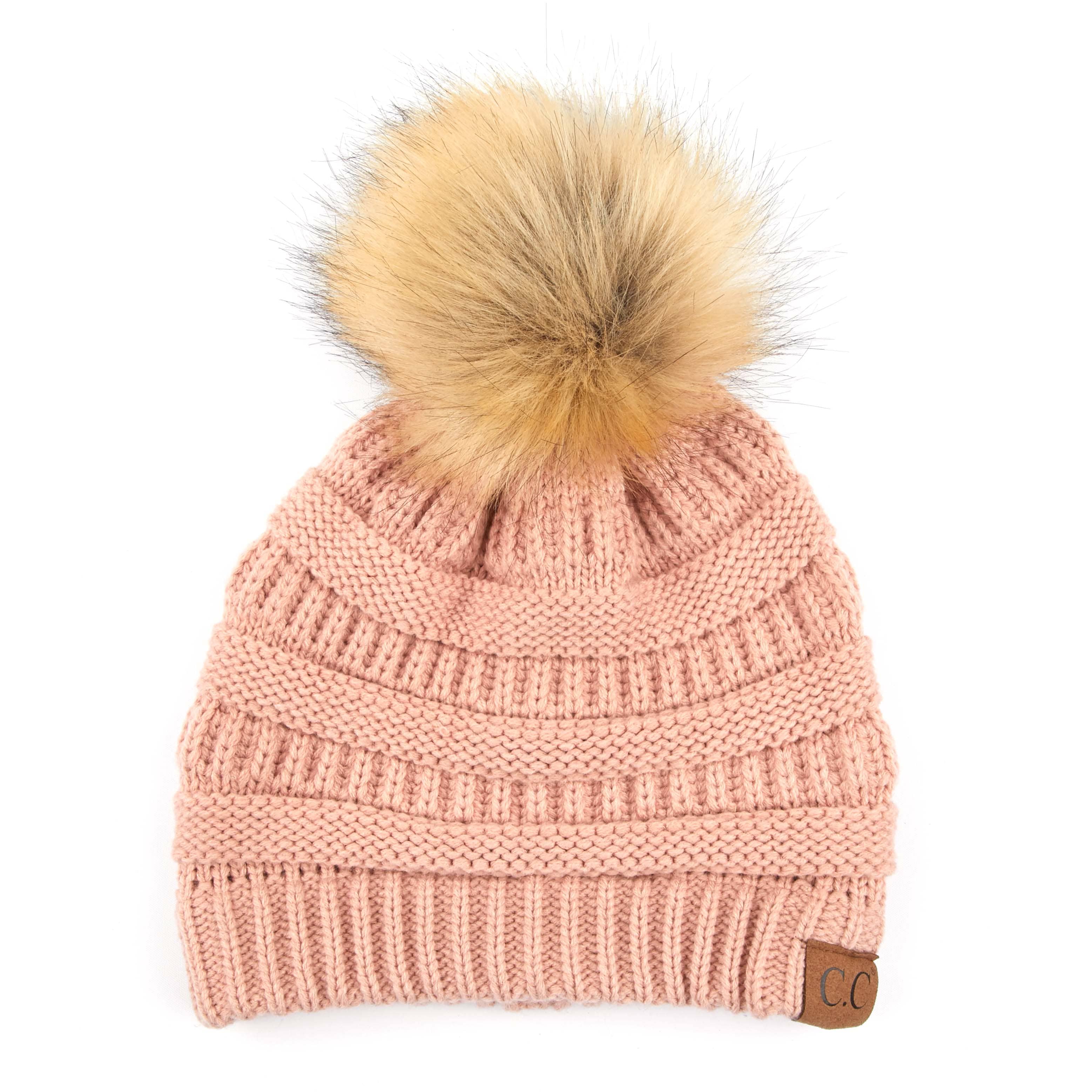 Solid Ribbed Fur Pom Beanie