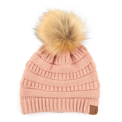 Solid Ribbed Fur Pom Beanie