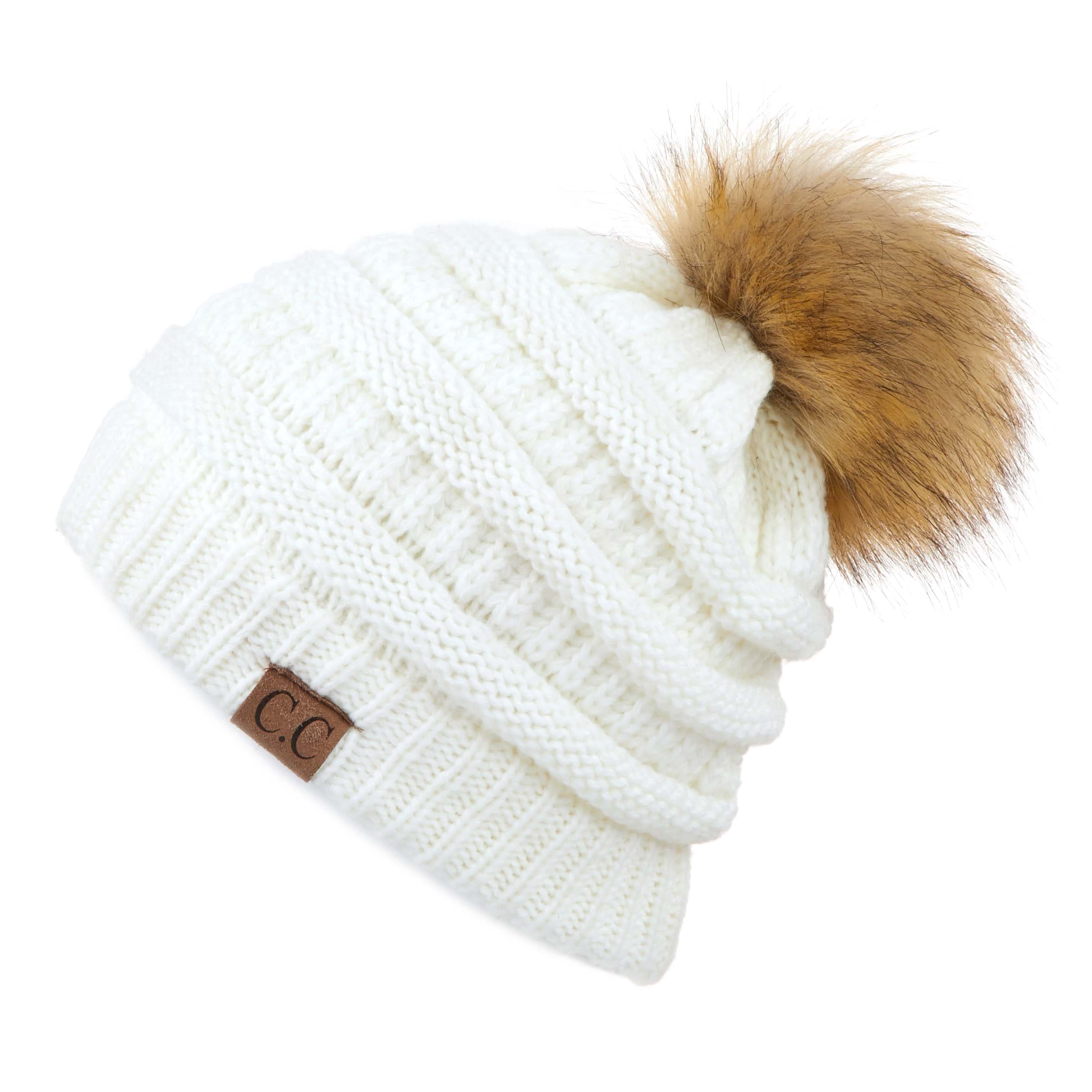 Solid Ribbed Fur Pom Beanie