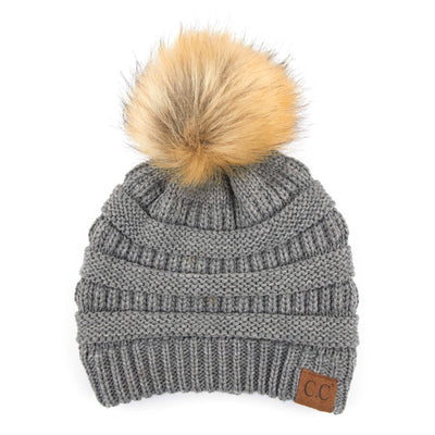 Solid Ribbed Fur Pom Beanie